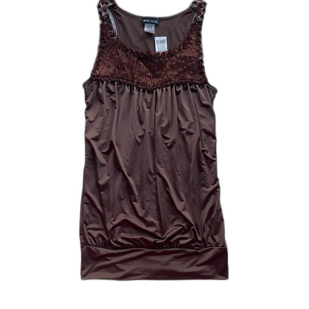Vintage Wet Seal‎ Babydoll Top Brown Sheer pleated floral neckline bubble hem S